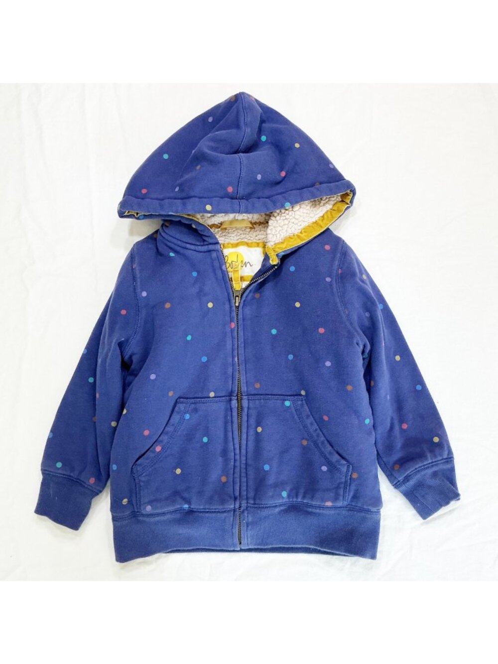 Boden Kids Navy Polka Dot Cozy Shaggy Sherpa-Lined Hoodie Jacket Size 5-6 Years
